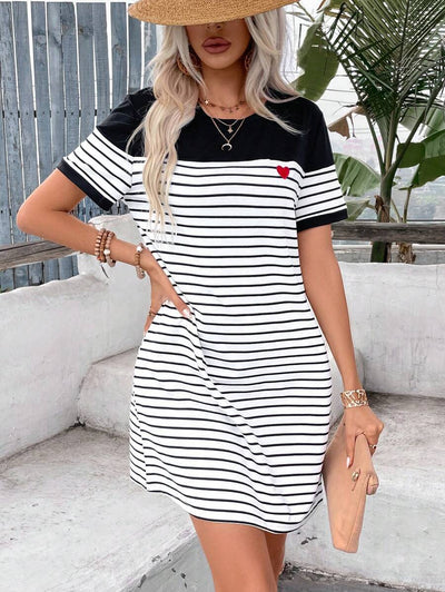 Leina™ - Casual Striped Dress with Heart Patchwork Print