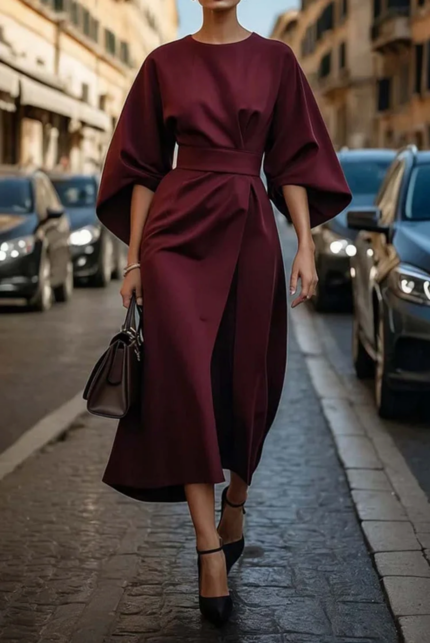 Sonia™ - Elegant Dress with Lantern Sleeves and Belt