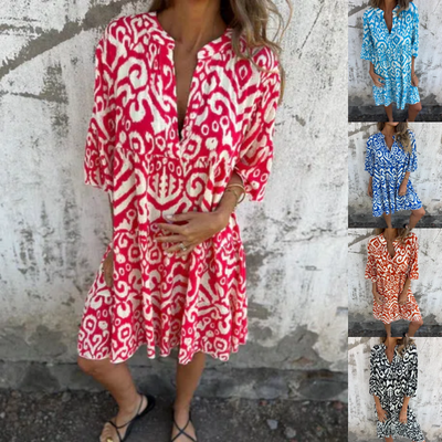 Astrid™ - Printed V-Neck Dress with Three-Quarter Sleeves