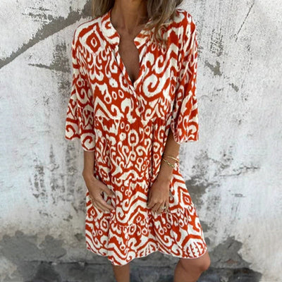 Astrid™ - Printed V-Neck Dress with Three-Quarter Sleeves